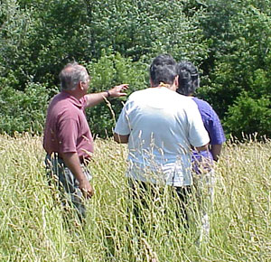 Dr. Rushin and two members of the Potawatomie Tribe investigate the pond's natural habitat.